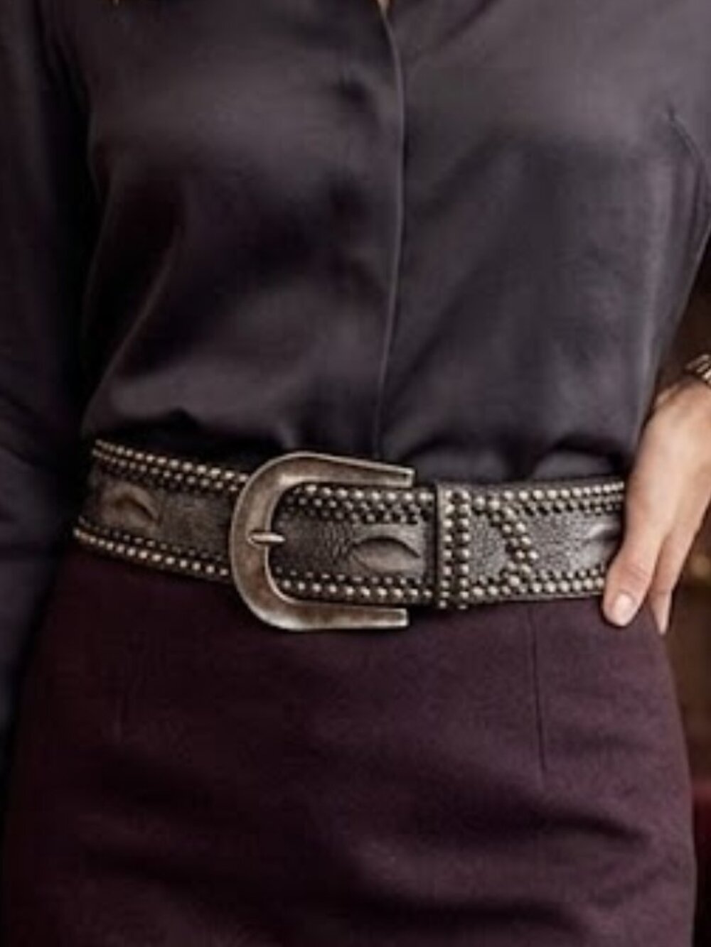 Kippys Charcoal Black Studded Leather Belt with Silver Buckle size S/M
